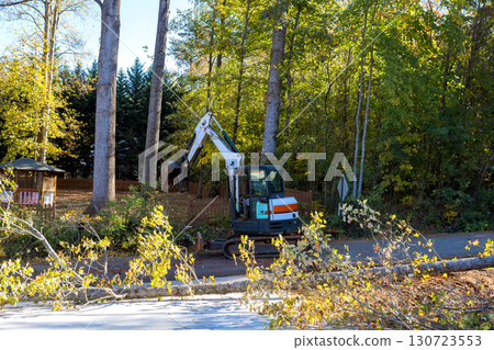 Large excavator removes trees near rural pathway after hurricane surrounded by colorful autumn foliage. Large excavator removes trees near rural pathway after hurricane surrounded by colorful autumn foliage. 130723553