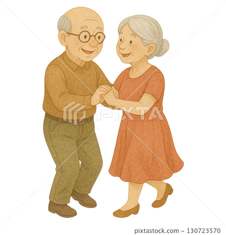 A joyful elderly couple dancing together in warm attire. 130723570