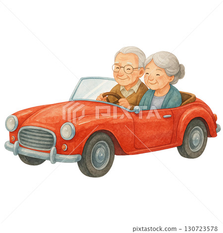 An elderly couple joyfully driving a red convertible car. 130723578