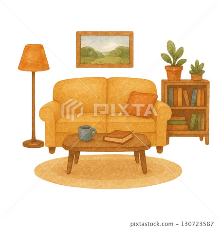 Cozy living room scene with yellow sofa and warm decor. 130723587