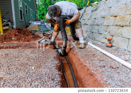Construction worker digging placing drainage pipe in trench behind house on works day. 130723634