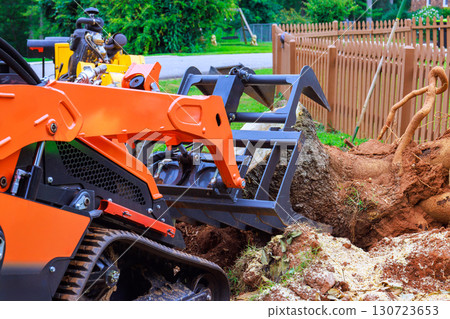 Workers are using compact track loader to extract large tree stump from backyard in suburban neighborhood. 130723653