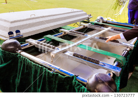 Family friends gather to bid final farewell at graveside burial ceremony during funeral ceremony 130723777