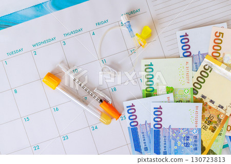 Syringe, IV setup, stacks of South Korean won banknotes are placed on calendar showing days of week. 130723813