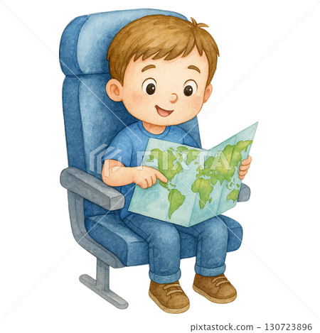 A happy child exploring a map on an airplane seat. 130723896