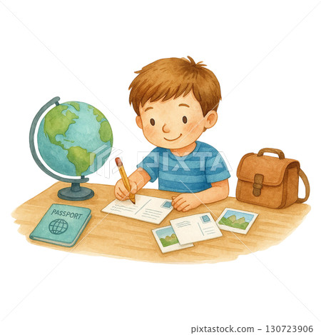 A young boy writing postcards with a globe and passport nearby. 130723906