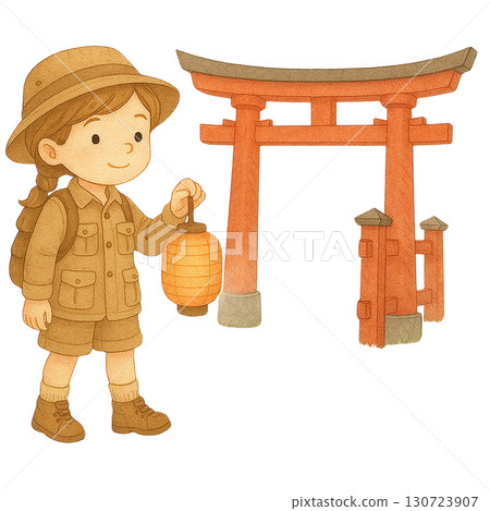 A young explorer holding a lantern near a traditional gate. 130723907
