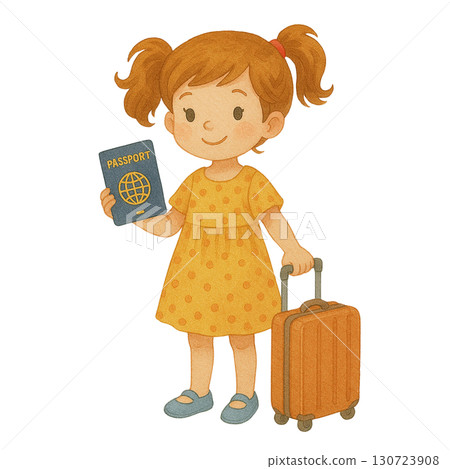 A young girl excitedly holding a passport and suitcase. 130723908