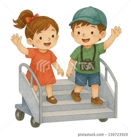 Two cheerful children waving on a playful step cart. 130723920