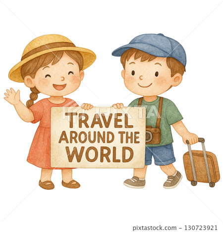 Two children excited to travel around the world. 130723921