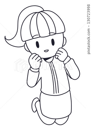 Line drawing of a jumping woman with a ponytail 130723998