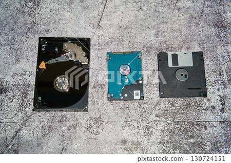 Three data storage devices, a 3.5 inch hard drive, a 2.5 inch hard drive, and a floppy disk arranged in a line on a concrete surface 130724151