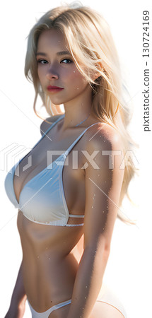 身穿白色比基尼的金髮女郎站在海灘上,濕潤的皮膚在陽光下閃閃發光 身穿白色比基尼的金髮女郎站在海灘上,濕潤的皮膚在陽光下閃閃發光 130724169