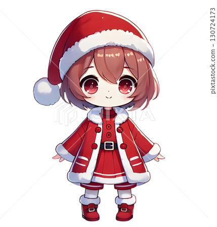 A girl wearing a Santa hat with fluffy pom-poms and a Santa outfit. She has short hair and big, sparkling red eyes. A girl wearing a Santa hat with fluffy pom-poms and a Santa outfit. She has short hair and big, sparkling red eyes. 130724173