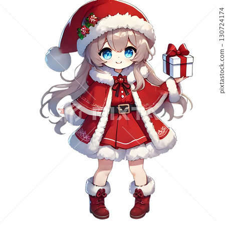 A girl in a fluffy Santa costume. Long blonde hair, blue eyes, holding a present. 130724174
