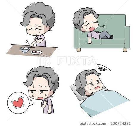 Set of four illustrations of physical symptoms of depression - elderly women 130724221