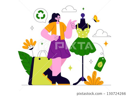 Sustainable Fashion Illustration Featuring Clothing Recycling with Green T-Shirt, Reuse, Reduce, Recycle and Eco-Friendly Concept in a Background Sustainable Fashion Illustration Featuring Clothing Recycling with Green T-Shirt, Reuse, Reduce, Recycle and Eco-Friendly Concept in a Background 130724266