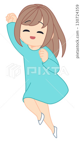 一位長髮女子穿著洋裝跳躍 130724359