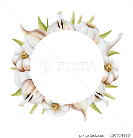 Round Garlic with leaves frame watercolor illustration isolated on white. Hand drawn realistic raw vegetables template with copy space in pastel beige and green colors for food labels and cooking 130724510
