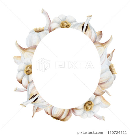 Vertical oval garlic wreath frame watercolor illustration isolated on white. Hand drawn realistic round vegetables clip art in beige colors for spice recipes and food cooking stickers and labels 130724511