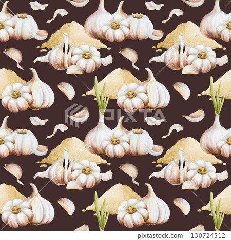 Watercolor garlic powder with raw vegetables and cloves seamless pattern on dark brown. Pile of dry spice for cooking and traditional medicine recipes. Minced seasoning for culinary designs 130724512