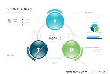 Venn diagram business infographic chart glass circle template 3 steps options, presentation with venn diagram elements vector illustration. 130724648