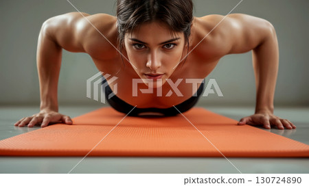 Focused athletic woman doing push-up exercise on orange fitness yoga mat. The concept of sports, beauty and health. The importance of self-care and staying fit. 130724890