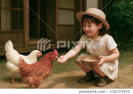 昭和時代的場景：孩子餵雞 130724932