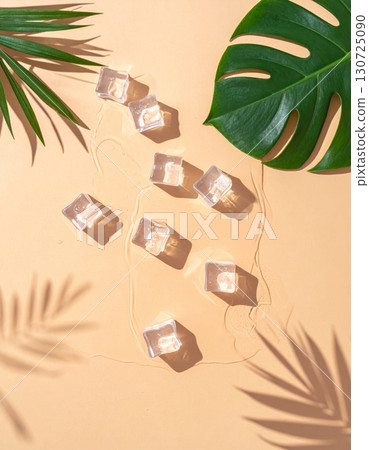 Vector illustration of a tropical summer island with palm trees and ice cubes on beige background Vector illustration of a tropical summer island with palm trees and ice cubes on beige background 130725090