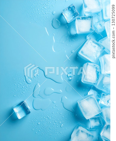 Abstract ice cubes on a cool blue background with clear water drops and white frost 130725099