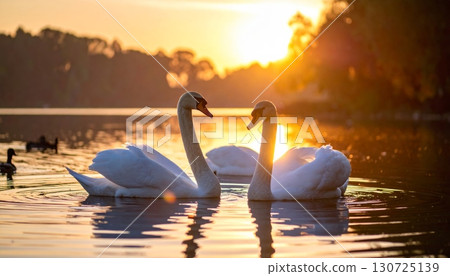 Two majestic white swans gracefully glide on the calm lake, reflecting the beauty of the sunset sky Two majestic white swans gracefully glide on the calm lake, reflecting the beauty of the sunset sky 130725139