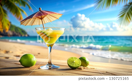A cold tropical cocktail with a lime and orange slice sits on the sand at the beach, perfect for a summer holiday 130725165