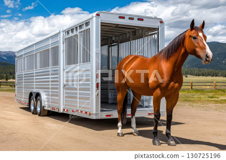 Horse trailer unloading in ranch with chestnut horse standing outside 130725196