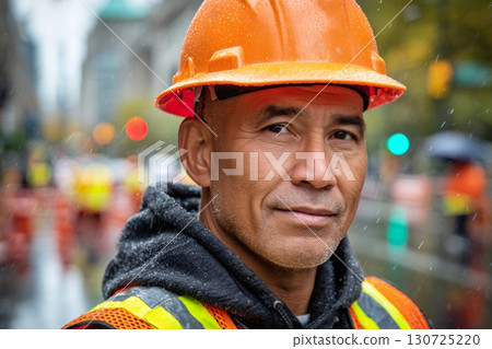 Construction worker wearing hard hat and safety vest in the rain 130725220
