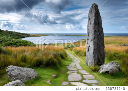 Standing stone overlooking a lake in the scottish highlands 130725240