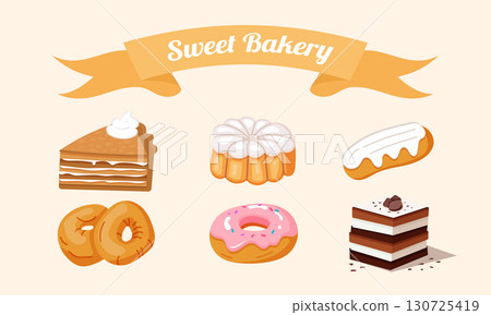 Sweet bakery desserts set with cakes donuts and eclairs 130725419