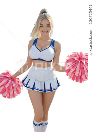 一位身穿白藍相間制服的金髮啦啦隊員笑容燦爛，手裡拿著粉紅色絨球。 130725441