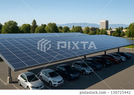 陽光明媚的城市環境設有太陽能板和停放汽車的停車場 130725442
