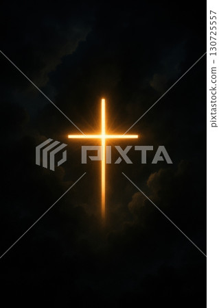A Resplendent Cross Illuminated Against a Dark, Cloudy Background, Symbolizing Faith, Hope 130725557