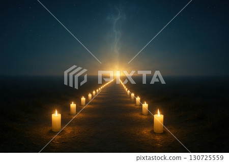 A Serene Pathway Illuminated by Candles Leading Towards a Mystical Horizon in a Nighttime 130725559