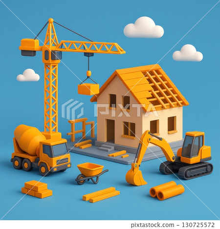A Vibrant Construction Scene with a Crane, Excavator, and Building Materials 130725572