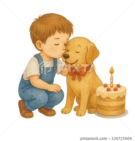 A boy lovingly celebrates his dog's birthday with a cake. 130725609