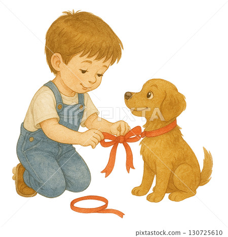 A boy ties a ribbon on a cheerful dog, showcasing friendship. 130725610