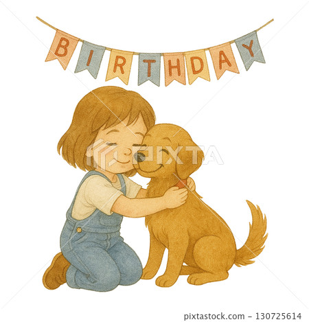 A child lovingly hugs a dog under a birthday banner. 130725614