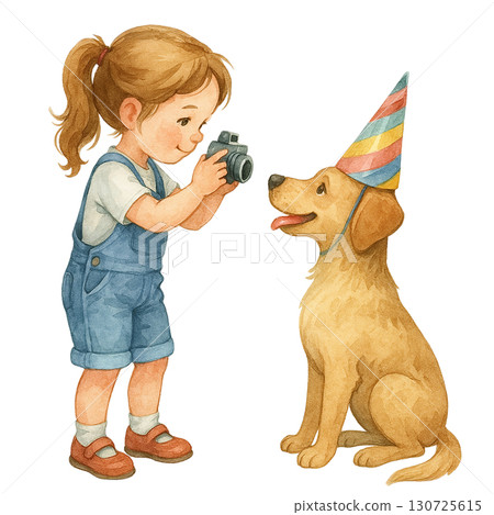 A child photographing a happy dog wearing a party hat. 130725615