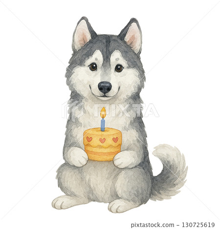 A cute husky holding a birthday cake with a candle. A cute husky holding a birthday cake with a candle. 130725619