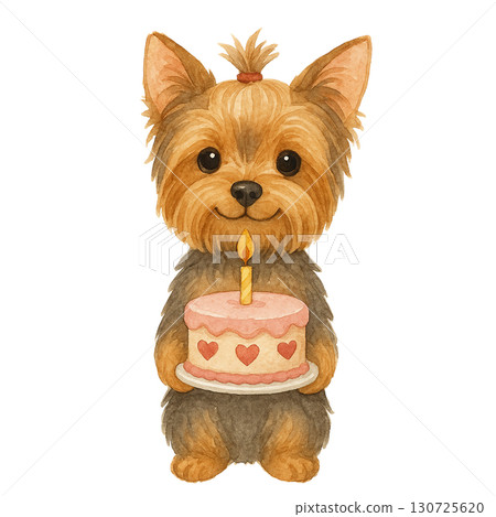 A cute Yorkshire Terrier holding a birthday cake with a candle. A cute Yorkshire Terrier holding a birthday cake with a candle. 130725620