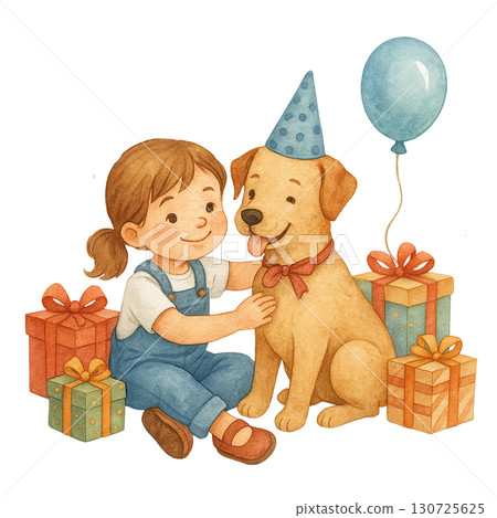 A girl celebrating with her dog at a joyful birthday party. 130725625