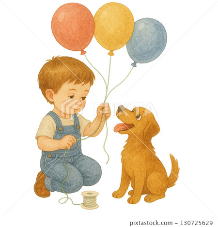 A joyful boy playing with balloons and his happy dog. 130725629
