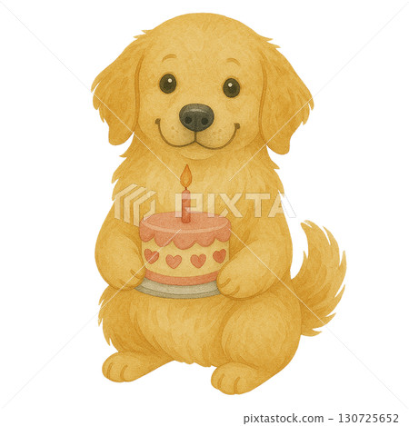 Cute golden retriever puppy holding a birthday cake. 130725652